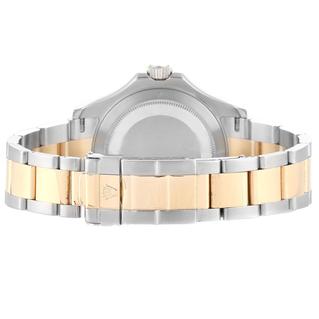 The image shows a rear view of the Rolex Yacht-Master 16623 Men's Stainless Steel Blue Dial 16623 Men's Stainless Steel Blue Dial watch, focusing on the case back and the two-tone bracelet.