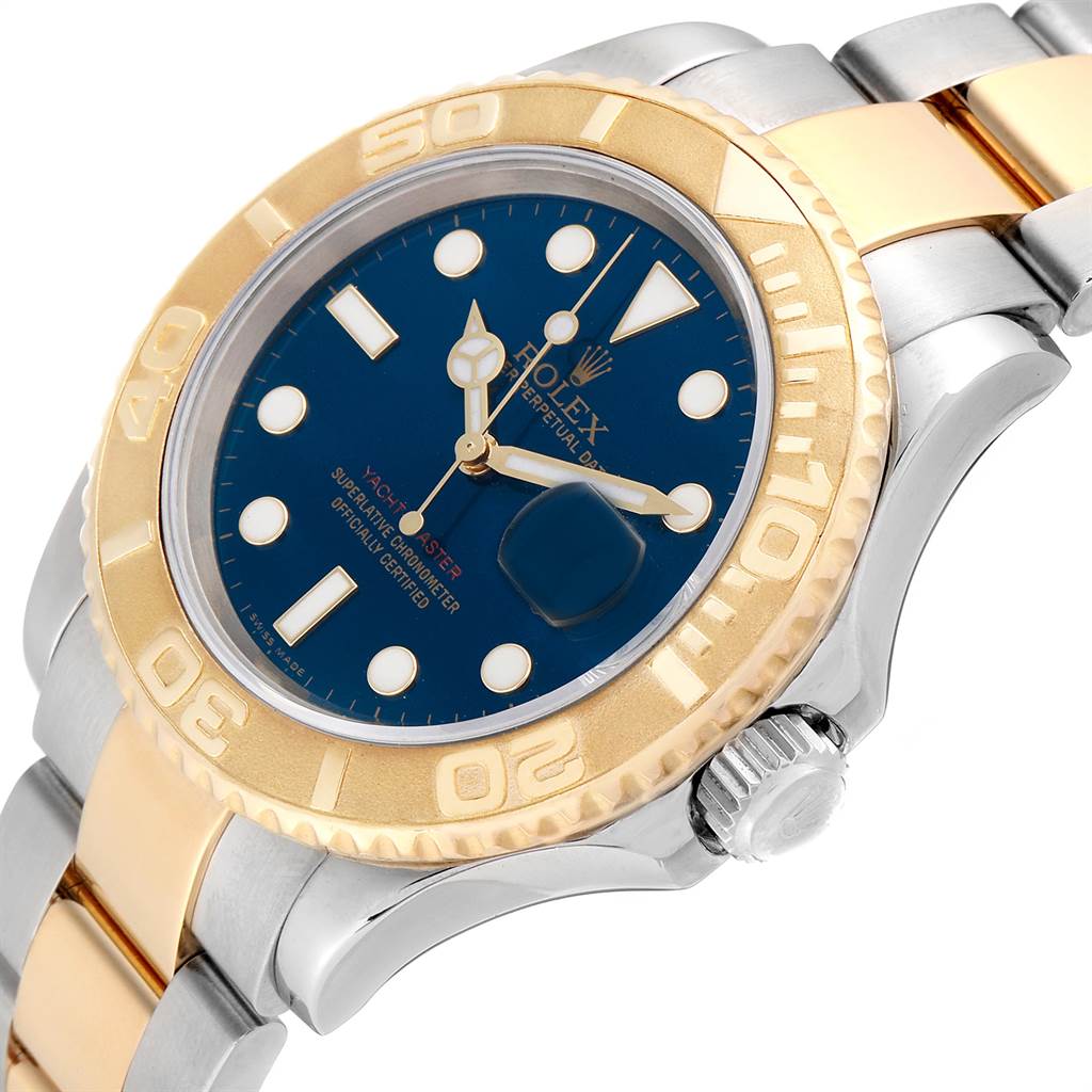 This Rolex Yacht-Master 16623 Men's Stainless Steel Blue Dial 16623 Men's Stainless Steel Blue Dial watch is shown from a diagonal angle, highlighting its bezel, dial, and part of the bracelet.