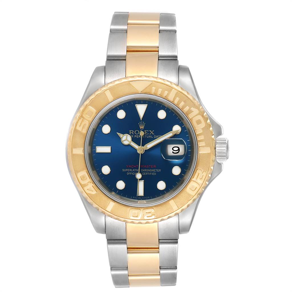 The image displays a front view of a Rolex Yacht-Master 16623 Men's Stainless Steel Blue Dial 16623 Men's Stainless Steel Blue Dial watch, showcasing the dial, bezel, and bracelet.