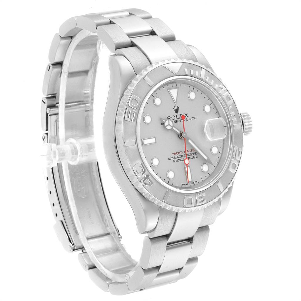 The image shows a side angle of the Rolex Yacht-Master 16622 Men's Stainless Steel Silver Dial 16622 Men's Stainless Steel Silver Dial watch, highlighting the dial, bezel, and bracelet.