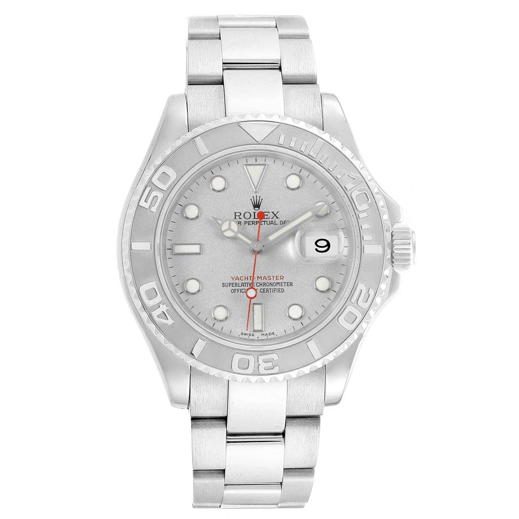 The image shows a front view of the Rolex Yacht-Master 16622 Men's Stainless Steel Silver Dial 16622 Men's Stainless Steel Silver Dial watch, highlighting the dial, bezel, bracelet, and crown.