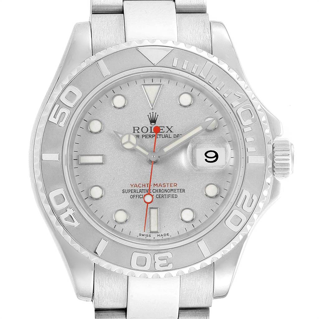 This image shows a front view of the Rolex Yacht-Master 16622 Men's Stainless Steel Silver Dial 16622 Men's Stainless Steel Silver Dial watch, highlighting its face, bezel, and crown.