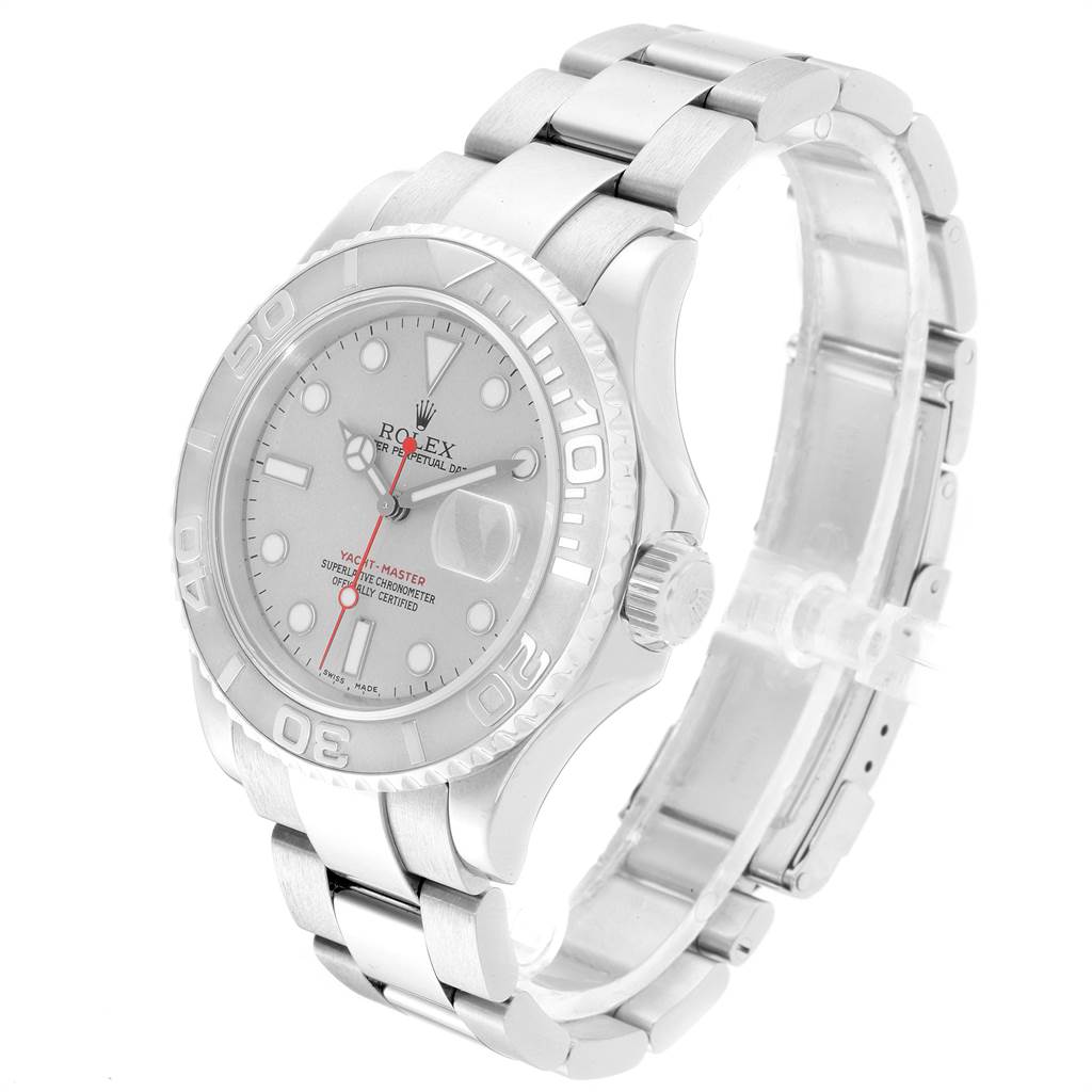 The image shows a Rolex Yacht-Master 16622 Men's Stainless Steel Silver Dial 16622 Men's Stainless Steel Silver Dial watch featuring the face, bezel, crown, and bracelet at a three-quarter angle.