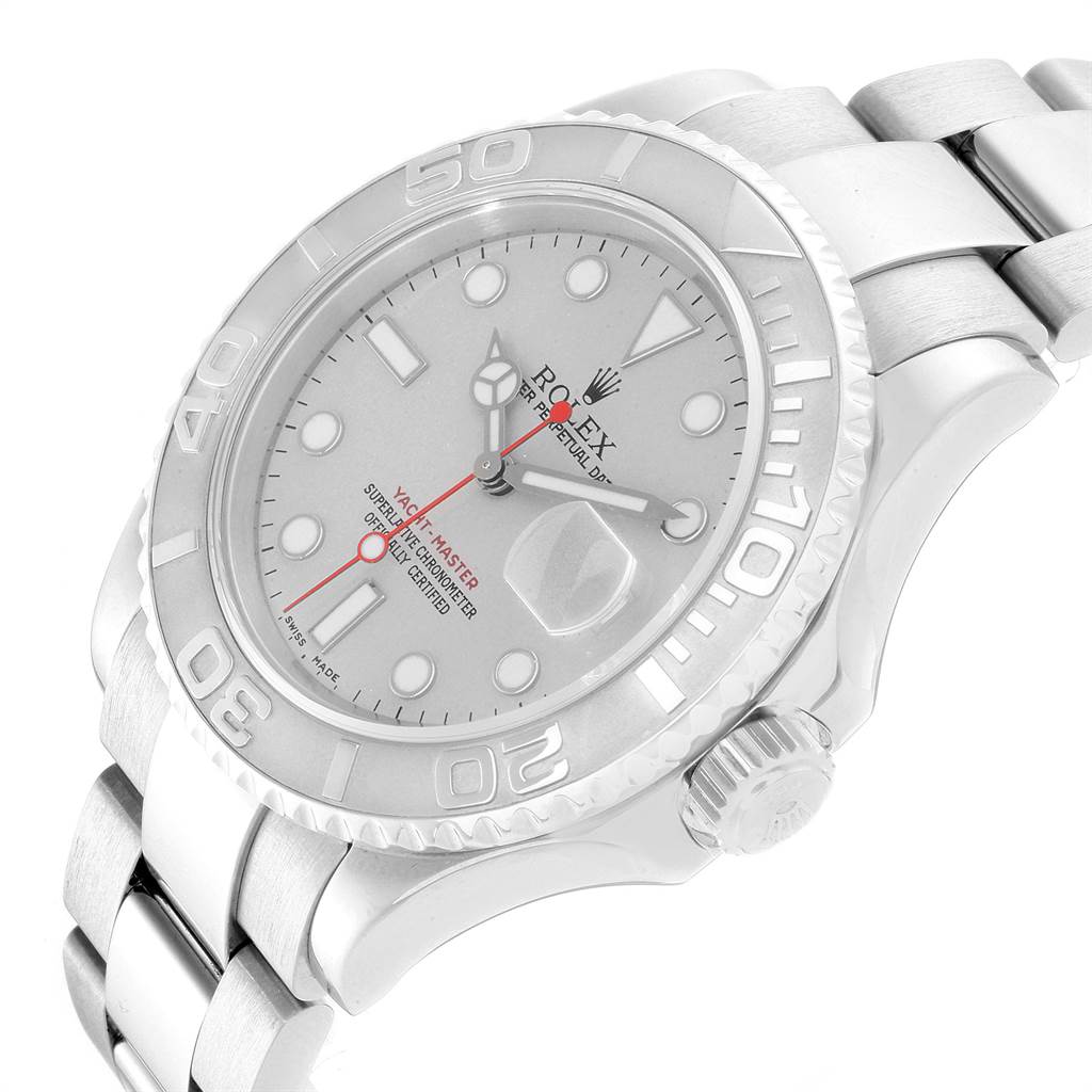 This image shows a top-angle view of the Rolex Yacht-Master 16622 Men's Stainless Steel Silver Dial 16622 Men's Stainless Steel Silver Dial watch, including its bezel, dial, and bracelet.