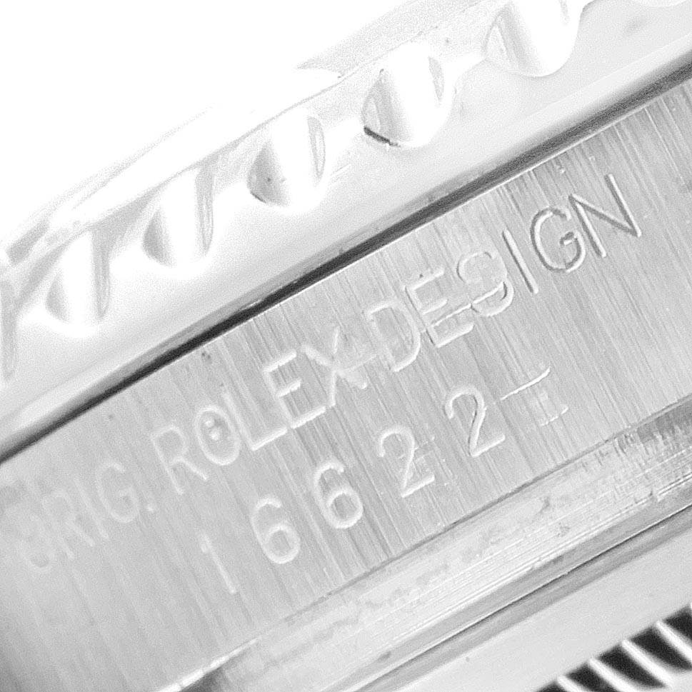 This image shows a close-up of the side of a Rolex Yacht-Master 16622 Men's Stainless Steel Silver Dial 16622 Men's Stainless Steel Silver Dial watch, highlighting the engraved model number.