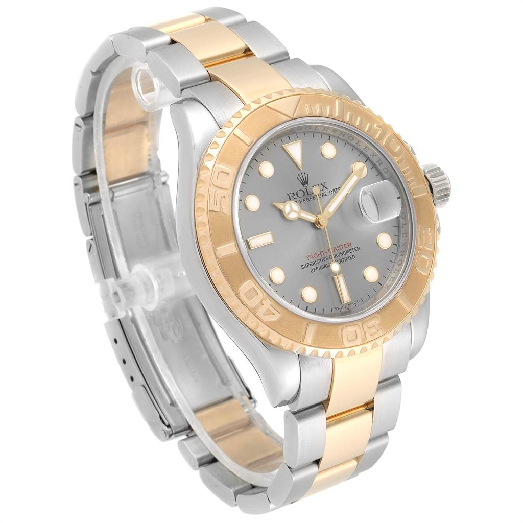 The image shows a Rolex Yacht-Master 16623 Men's Steel and Gold (two tone) Grey Dial 16623 Men's Steel and Gold (two tone) Grey Dial watch with a two-tone metal bracelet, gold bezel, and gray dial, at a three-quarter angle.