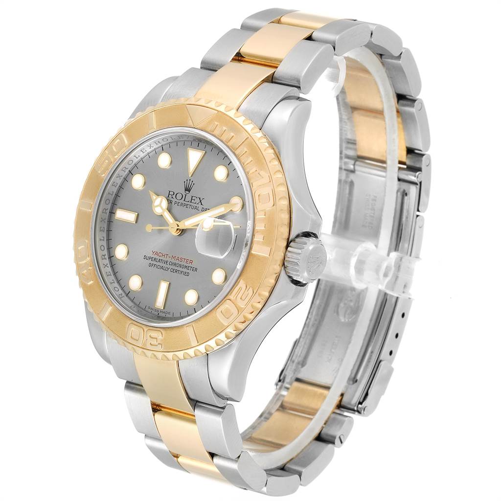 This image shows a side-angle view of a Rolex Yacht-Master 16623 Men's Steel and Gold (two tone) Grey Dial 16623 Men's Steel and Gold (two tone) Grey Dial watch, highlighting its bezel, dial, and bracelet.