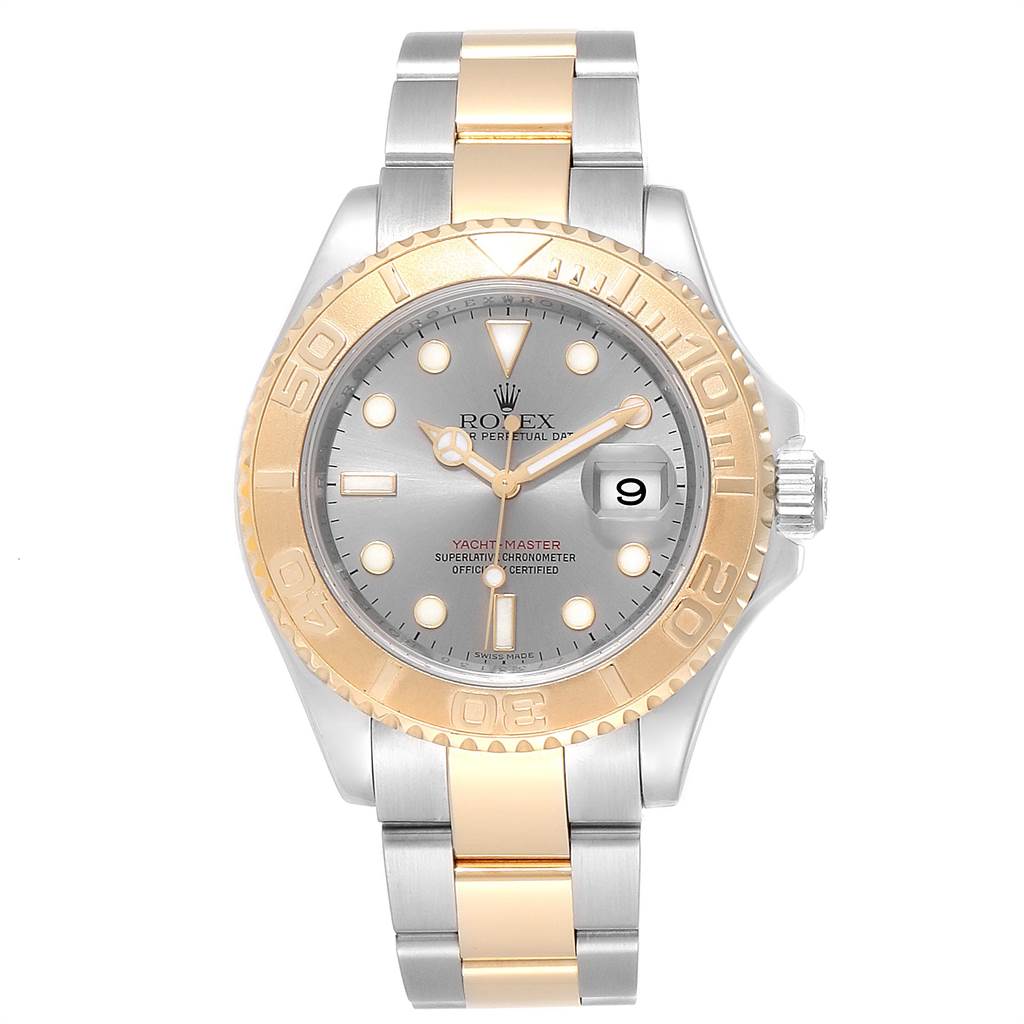 The image shows a front view of the Rolex Yacht-Master 16623 Men's Steel and Gold (two tone) Grey Dial 16623 Men's Steel and Gold (two tone) Grey Dial watch, displaying its dial, bezel, and bracelet.