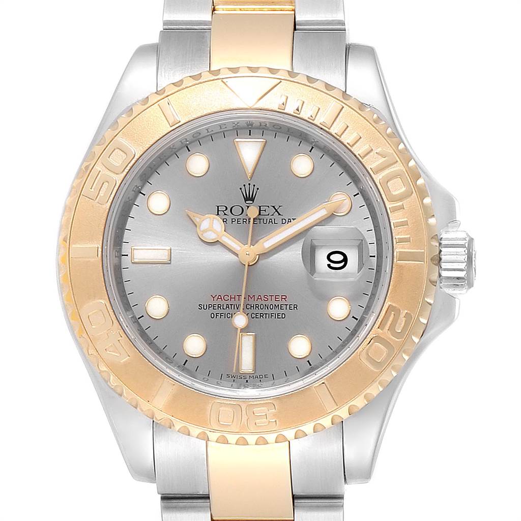 This image shows a front view of the Rolex Yacht-Master 16623 Men's Steel and Gold (two tone) Grey Dial 16623 Men's Steel and Gold (two tone) Grey Dial watch, highlighting the dial, bezel, and bracelet.