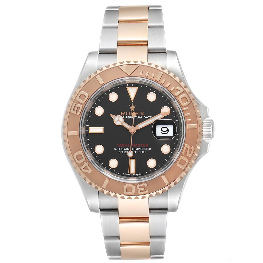 The image shows a front view of a Rolex Yacht-Master 116621 Men's Stainless Steel Black Dial 116621 Men's Stainless Steel Black Dial watch featuring a two-tone metal strap, black dial, and a date window.