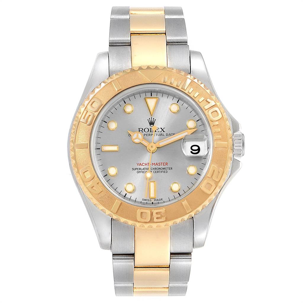 The image shows a front view of a Rolex Yacht-Master 168623 Men
s Steel and Gold (two tone) Grey Dial 168623 Men
s Steel and Gold (two tone) Grey Dial watch, focusing on its dial, bezel, and bracelet.