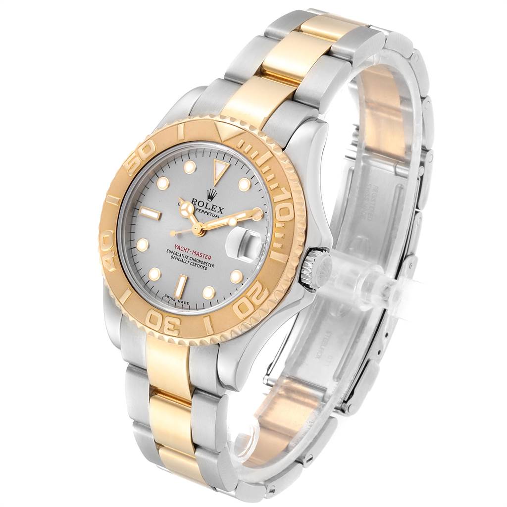 The Rolex Yacht-Master 168623 Men
s Steel and Gold (two tone) Grey Dial 168623 Men
s Steel and Gold (two tone) Grey Dial watch is shown from an angled top view, highlighting the face, bezel, and two-tone bracelet.