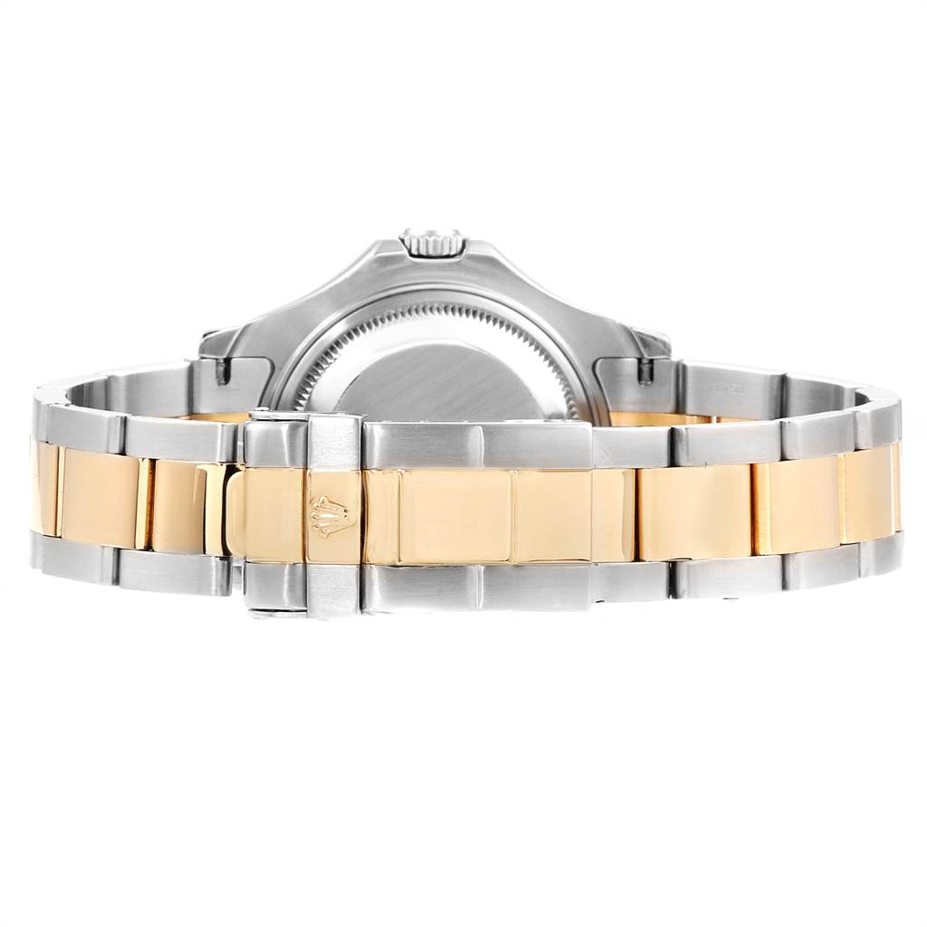 This image shows the back view and clasp of a Rolex Yacht-Master 168623 Men
s Steel and Gold (two tone) Grey Dial 168623 Men
s Steel and Gold (two tone) Grey Dial watch with a two-tone metal bracelet.