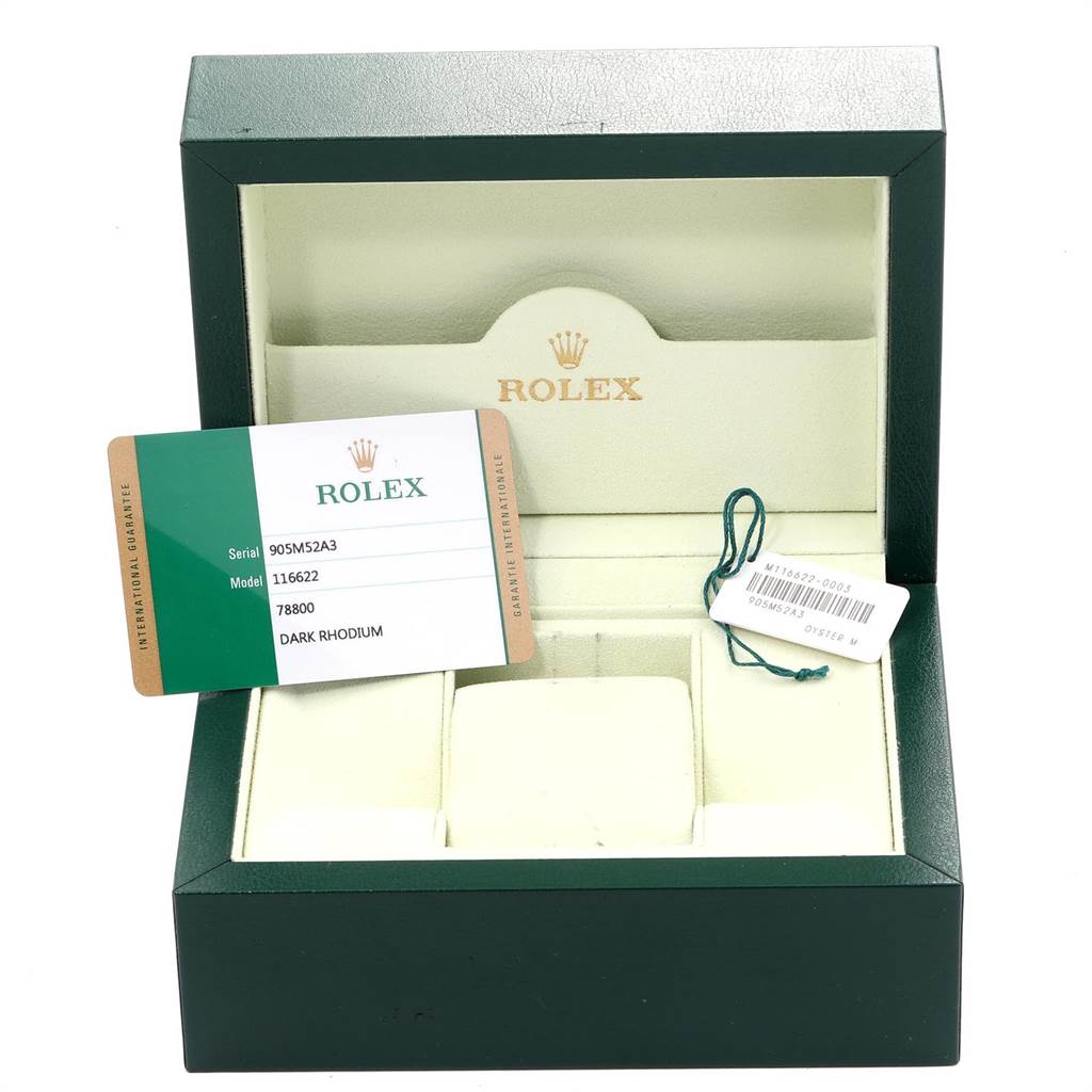 The image shows an open box for a Rolex Yacht-Master 116622 Men's Stainless Steel Grey Dial 116622 Men's Stainless Steel Grey Dial watch, along with its warranty card and tags.