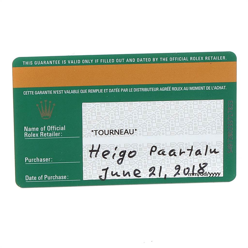 This is a close-up of the guarantee card for a Rolex Yacht-Master 116622 Men's Stainless Steel Grey Dial 116622 Men's Stainless Steel Grey Dial watch.