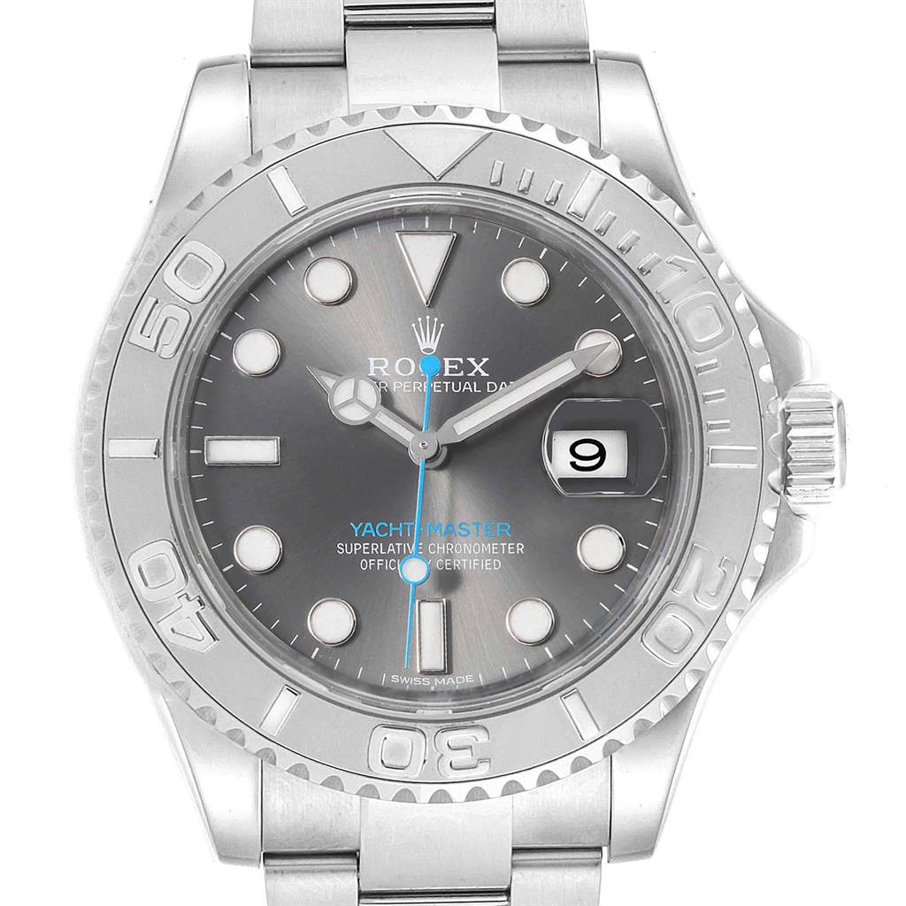The image shows a frontal view of the Rolex Yacht-Master 116622 Men's Stainless Steel Grey Dial 116622 Men's Stainless Steel Grey Dial watch, highlighting the dial, bezel, date window, and part of the bracelet.