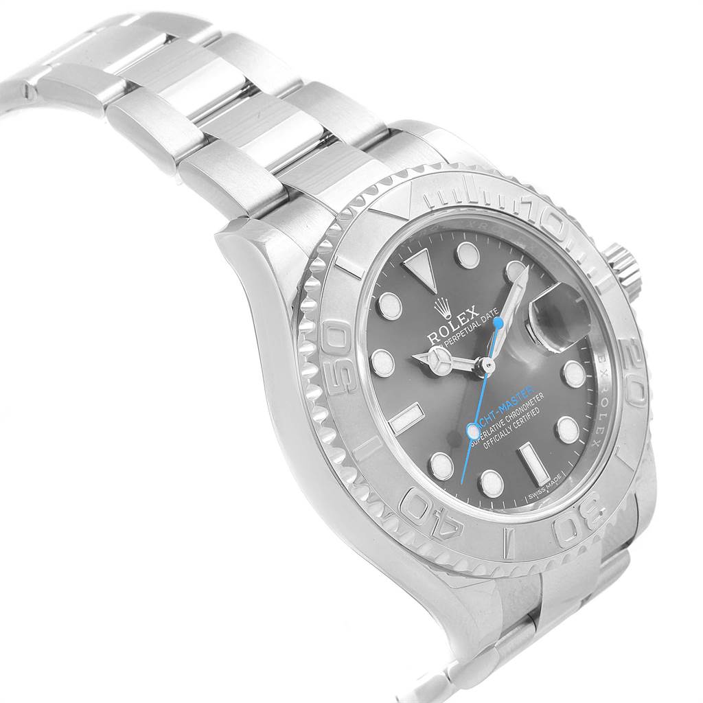 The image shows a diagonal angle of a Rolex Yacht-Master 116622 Men's Stainless Steel Grey Dial 116622 Men's Stainless Steel Grey Dial watch, highlighting the bracelet, case, dial, and bezel.