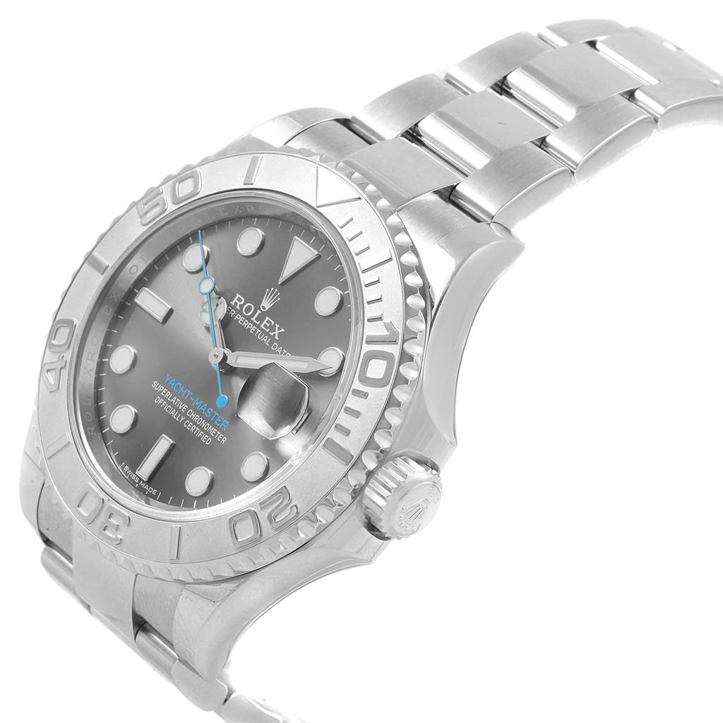 This image shows a side view of the Rolex Yacht-Master 116622 Men's Stainless Steel Grey Dial 116622 Men's Stainless Steel Grey Dial watch, revealing its bezel, dial, bracelet, and crown.