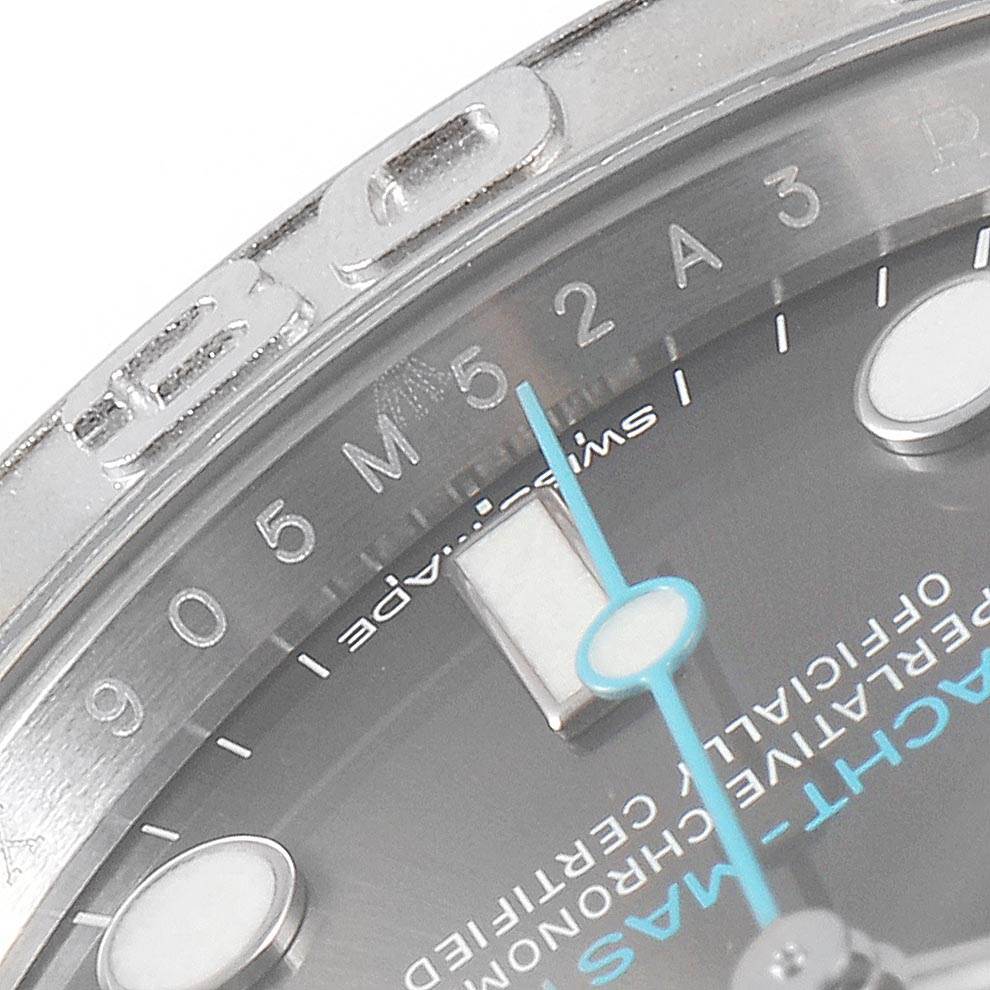 This close-up image shows the bezel, partial dial, and part of the hand of a Rolex Yacht-Master 116622 Men's Stainless Steel Grey Dial 116622 Men's Stainless Steel Grey Dial watch.
