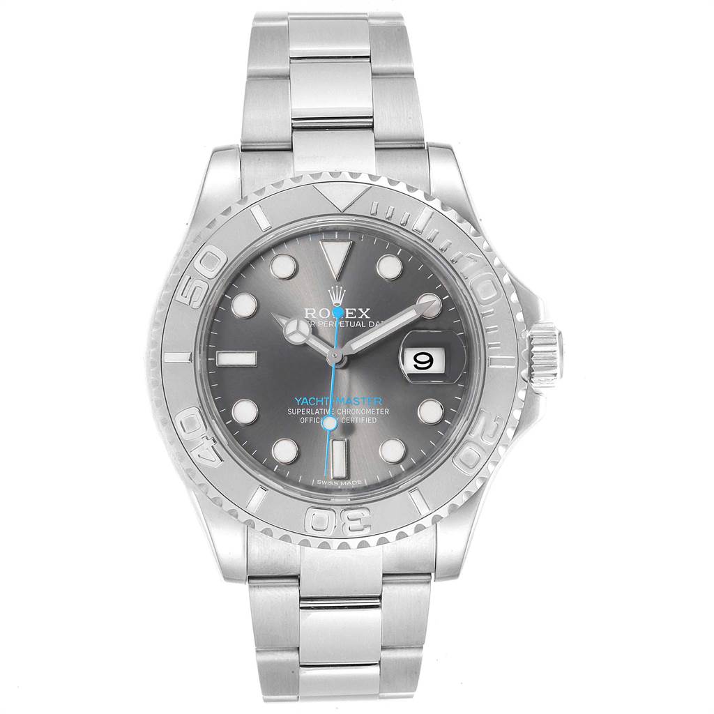 This image shows a Rolex Yacht-Master 116622 Men's Stainless Steel Grey Dial 116622 Men's Stainless Steel Grey Dial watch from a front angle, highlighting the dial, bezel, and bracelet.