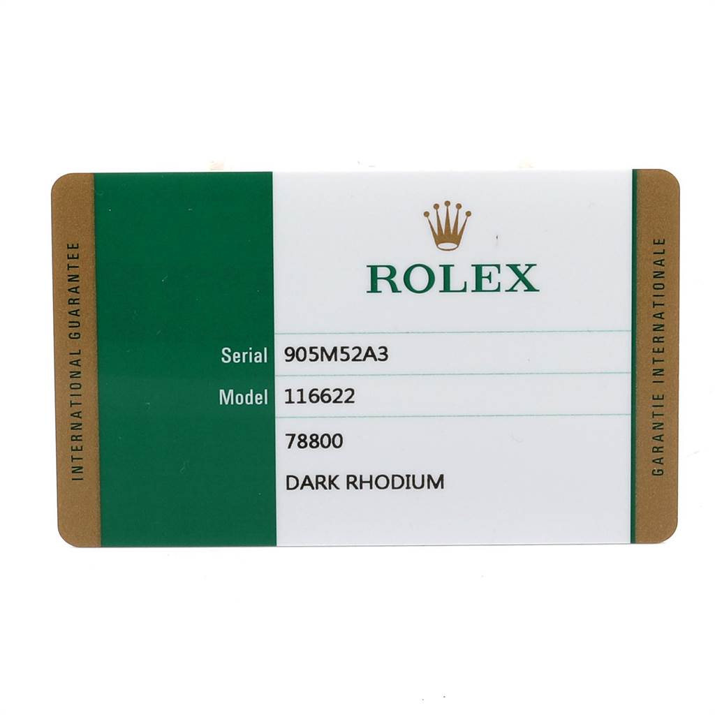 This is a close-up of the warranty card for a Rolex Yacht-Master 116622 Men's Stainless Steel Grey Dial 116622 Men's Stainless Steel Grey Dial, displaying the model number 116622 and the dark rhodium color.