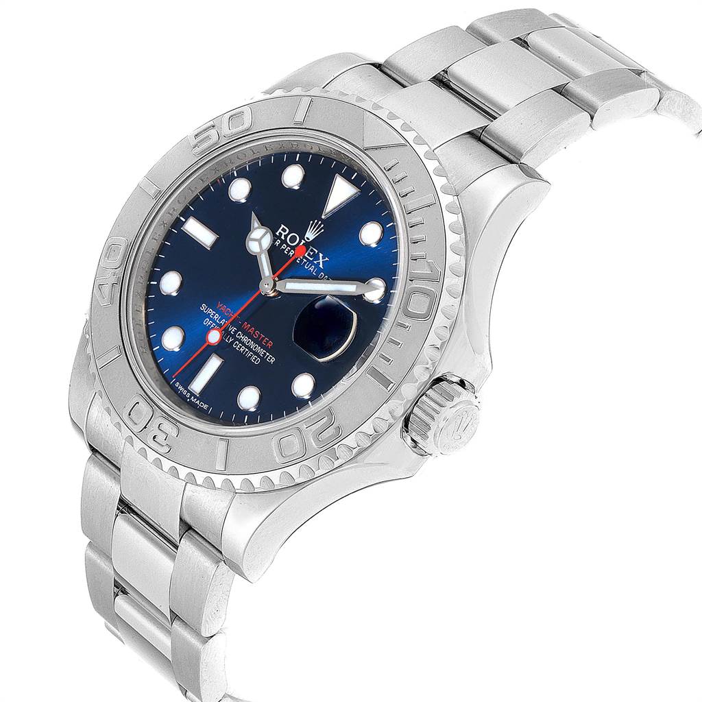 The Rolex Yacht-Master 116622 Men's Stainless Steel Blue Dial 116622 Men's Stainless Steel Blue Dial watch is shown at a slight left-side angle, displaying its face, bezel, and part of its bracelet.