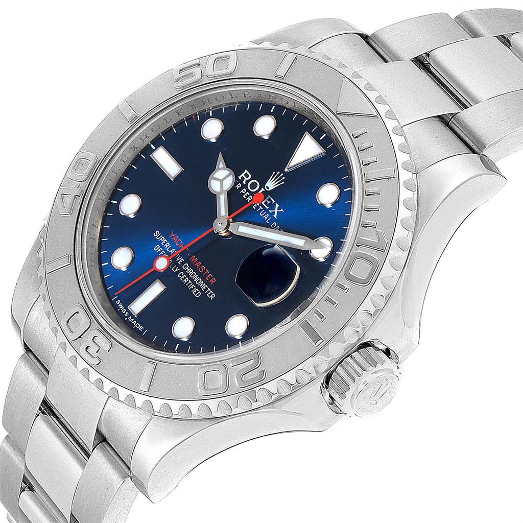 The Rolex Yacht-Master 116622 Men's Stainless Steel Blue Dial 116622 Men's Stainless Steel Blue Dial watch is shown at a slight angle, displaying its face, bezel, and part of the bracelet.
