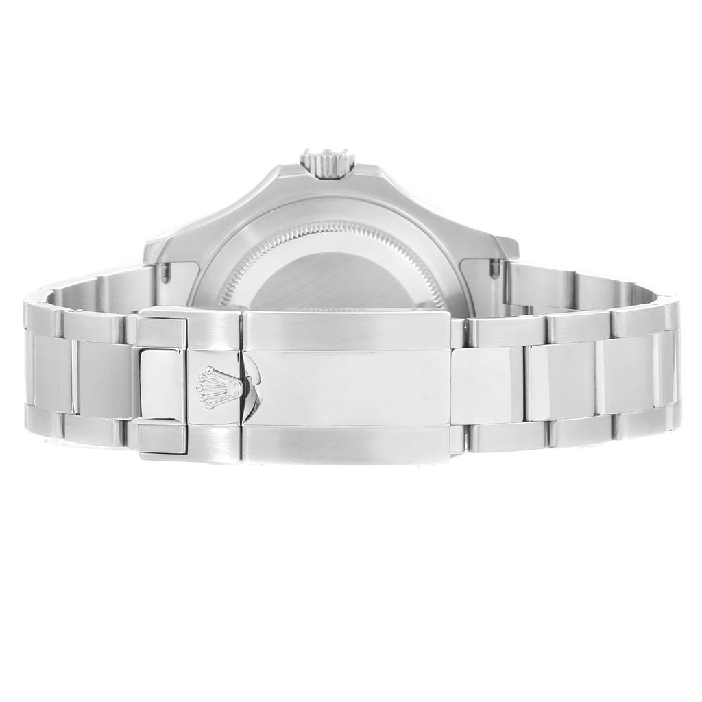 This image shows the back side of the Rolex Yacht-Master 116622 Men's Stainless Steel Blue Dial 116622 Men's Stainless Steel Blue Dial watch, focusing on the clasp and bracelet.