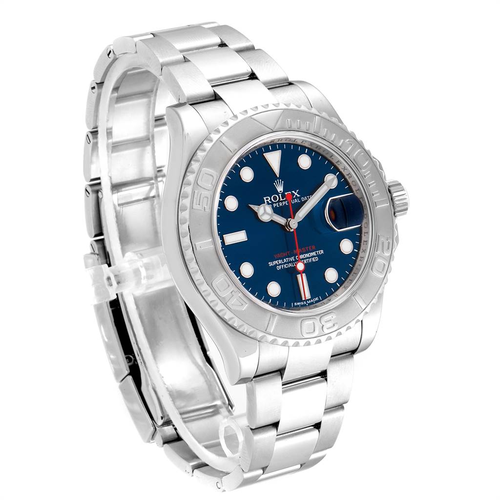 The Rolex Yacht-Master 116622 Men's Stainless Steel Blue Dial 116622 Men's Stainless Steel Blue Dial watch is shown at a front three-quarter angle, highlighting the face, bezel, and bracelet.