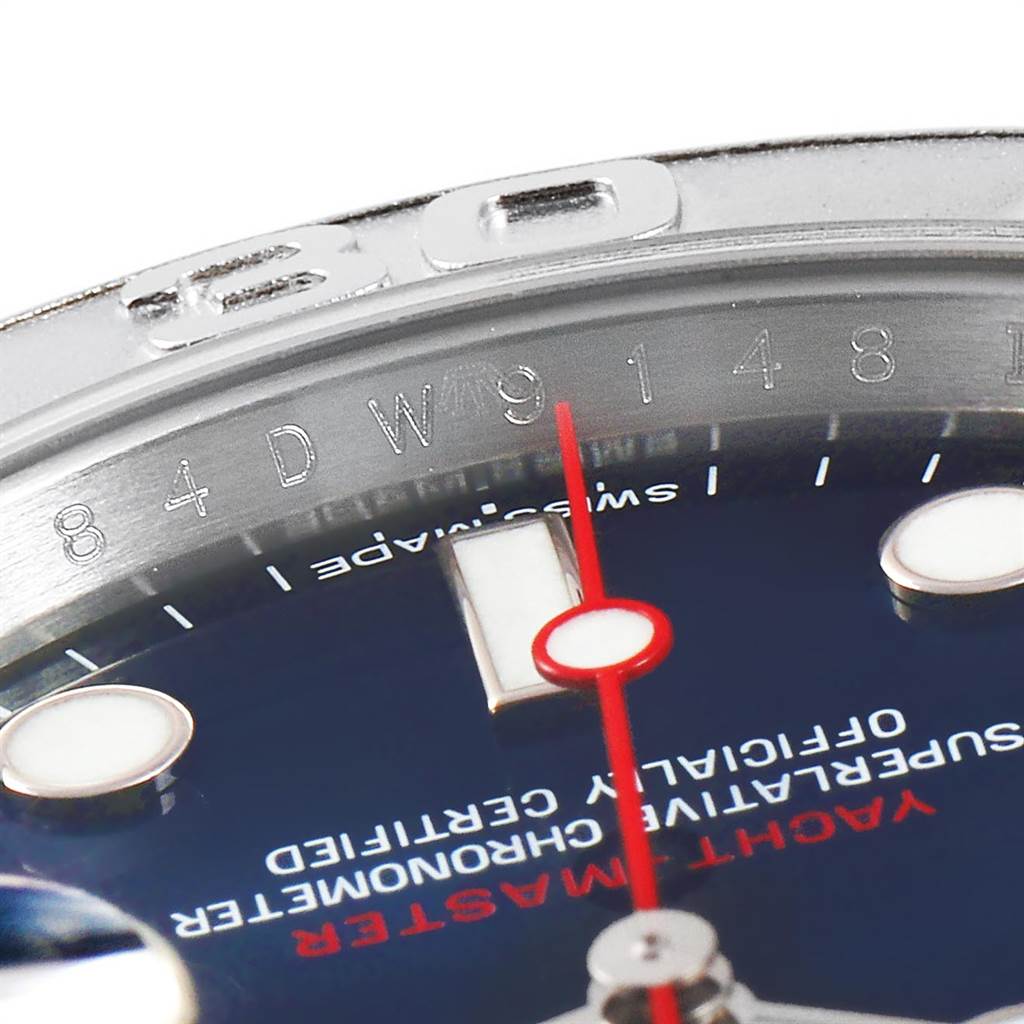 This image shows a close-up of the dial, hands, and part of the bezel of a Rolex Yacht-Master 116622 Men's Stainless Steel Blue Dial 116622 Men's Stainless Steel Blue Dial watch.