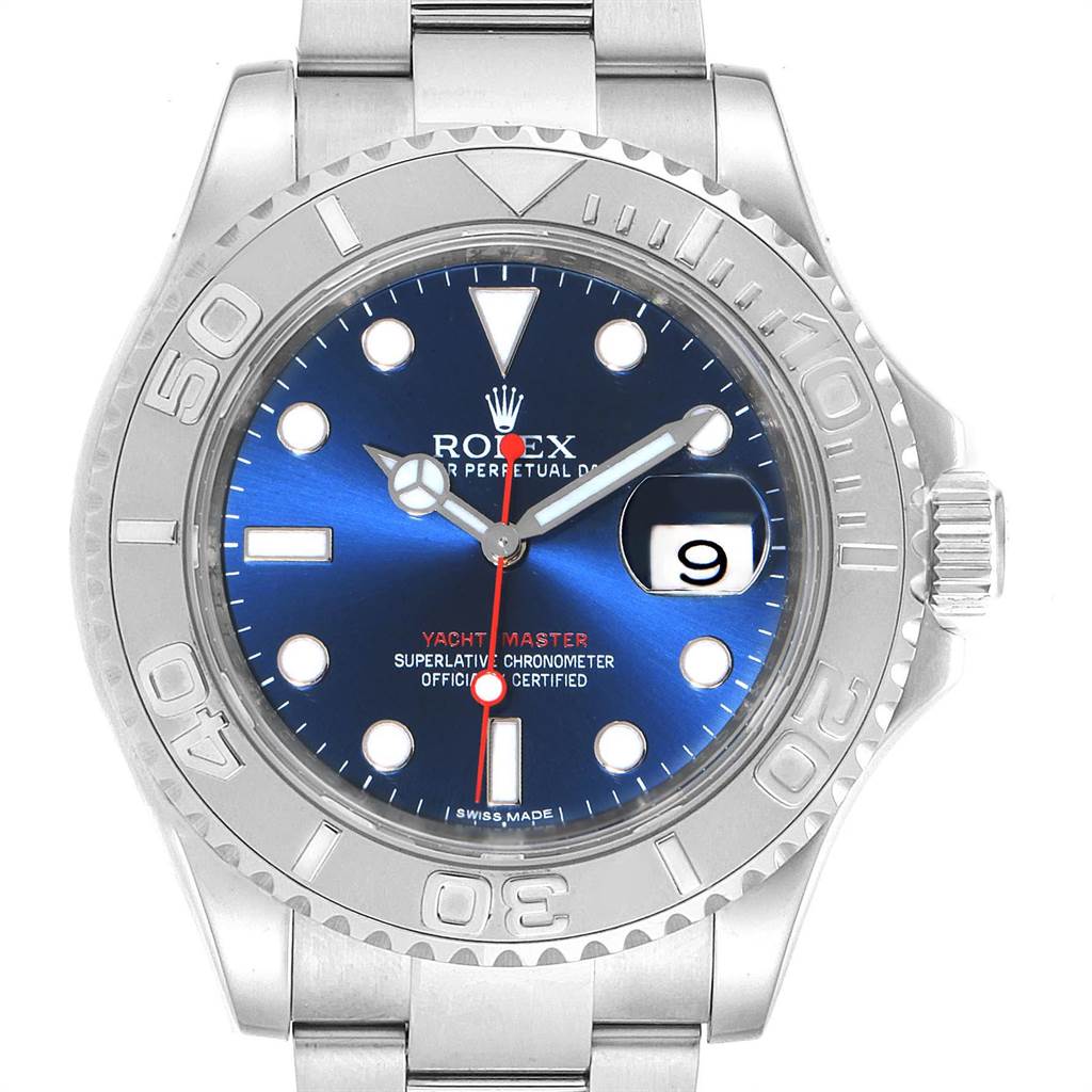 The image shows a front view of a Rolex Yacht-Master 116622 Men's Stainless Steel Blue Dial 116622 Men's Stainless Steel Blue Dial watch, highlighting its blue dial, date window, and stainless steel bezel.