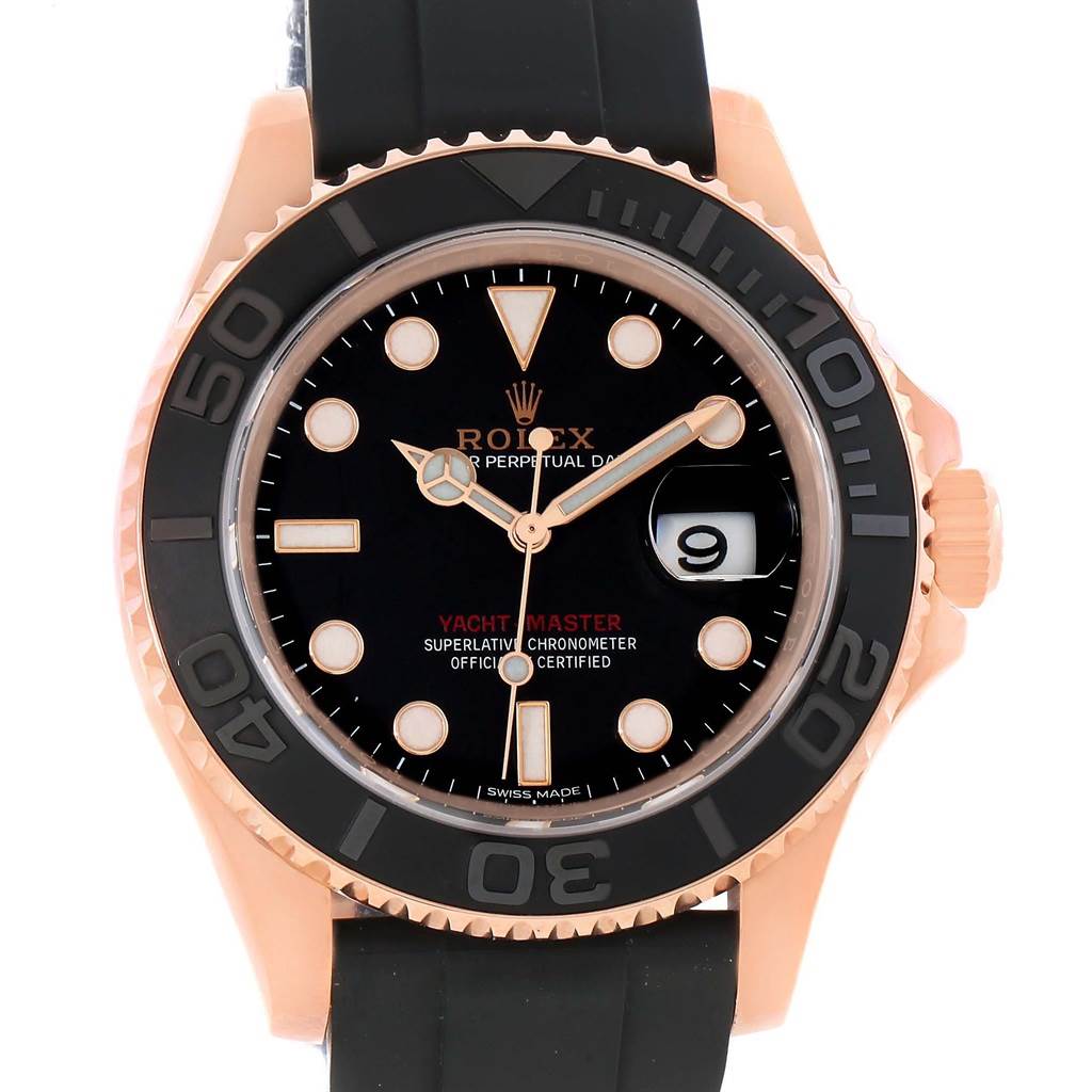 This image shows a close-up, front view of a Rolex Yacht-Master 116655 Men's Rose Gold Black Dial 116655 Men's Rose Gold Black Dial watch, highlighting the dial, bezel, and part of the strap.