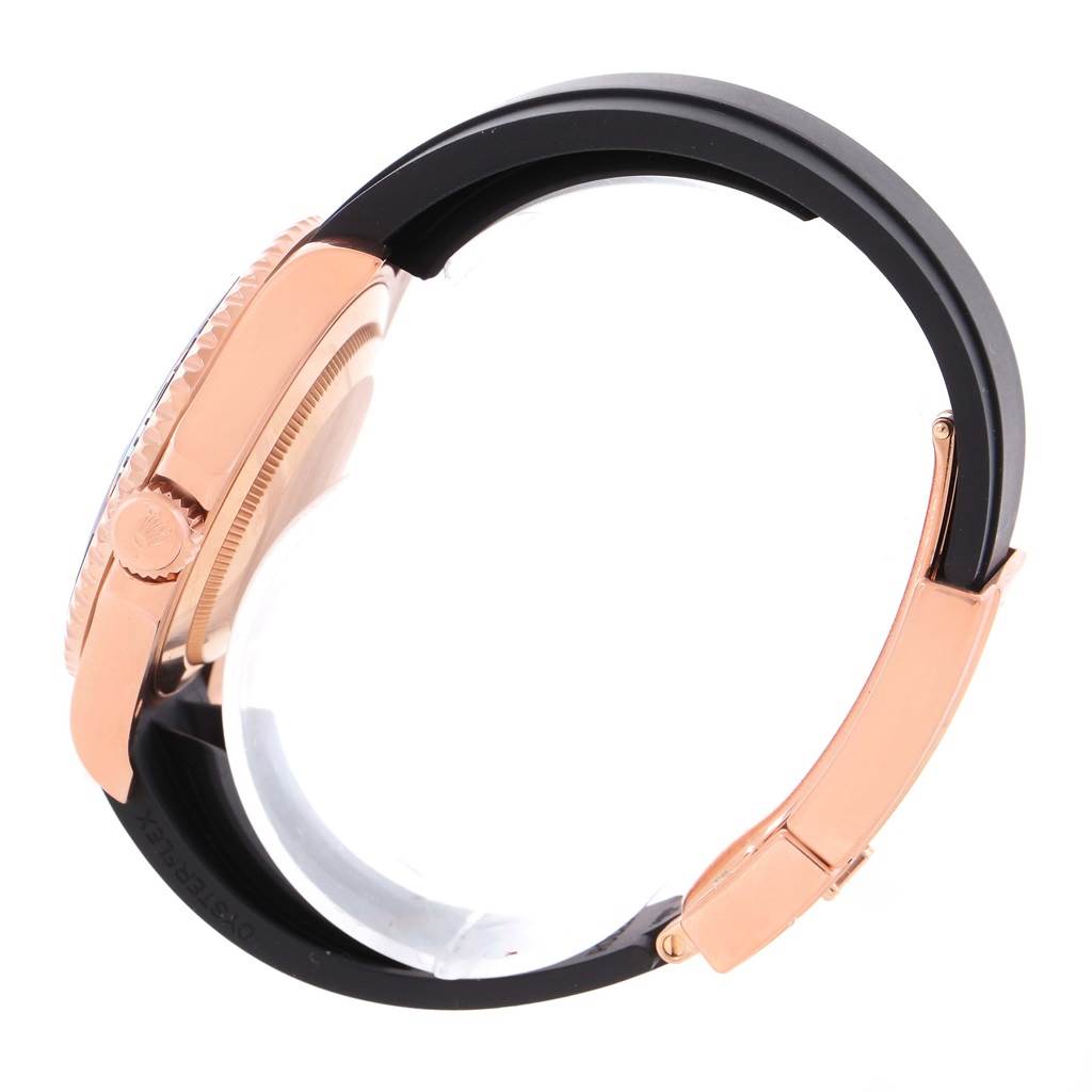 The image shows a side view of the Rolex Yacht-Master 116655 Men's Rose Gold Black Dial 116655 Men's Rose Gold Black Dial watch, focusing on the crown, bezel, case, and part of the strap.