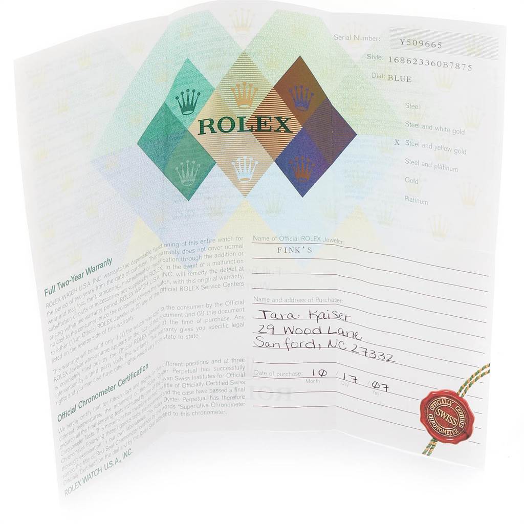 This image shows the warranty and certification card for a Rolex Yacht-Master 168623 Men's Steel and Gold (two tone) Blue Dial 168623 Men's Steel and Gold (two tone) Blue Dial watch.