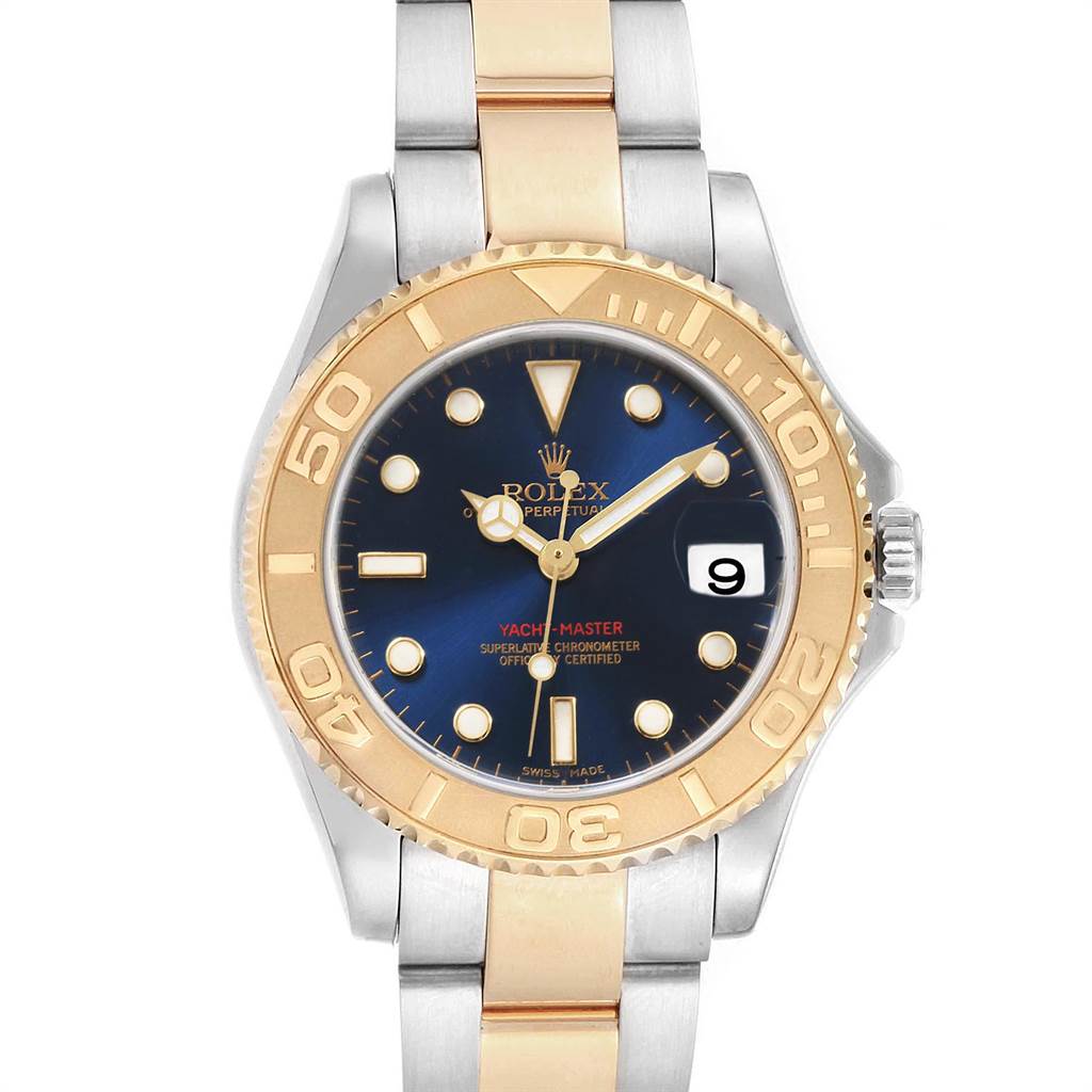 This Rolex Yacht-Master 168623 Men's Steel and Gold (two tone) Blue Dial 168623 Men's Steel and Gold (two tone) Blue Dial watch is shown from a front view, displaying its dial, bezel, and bracelet.