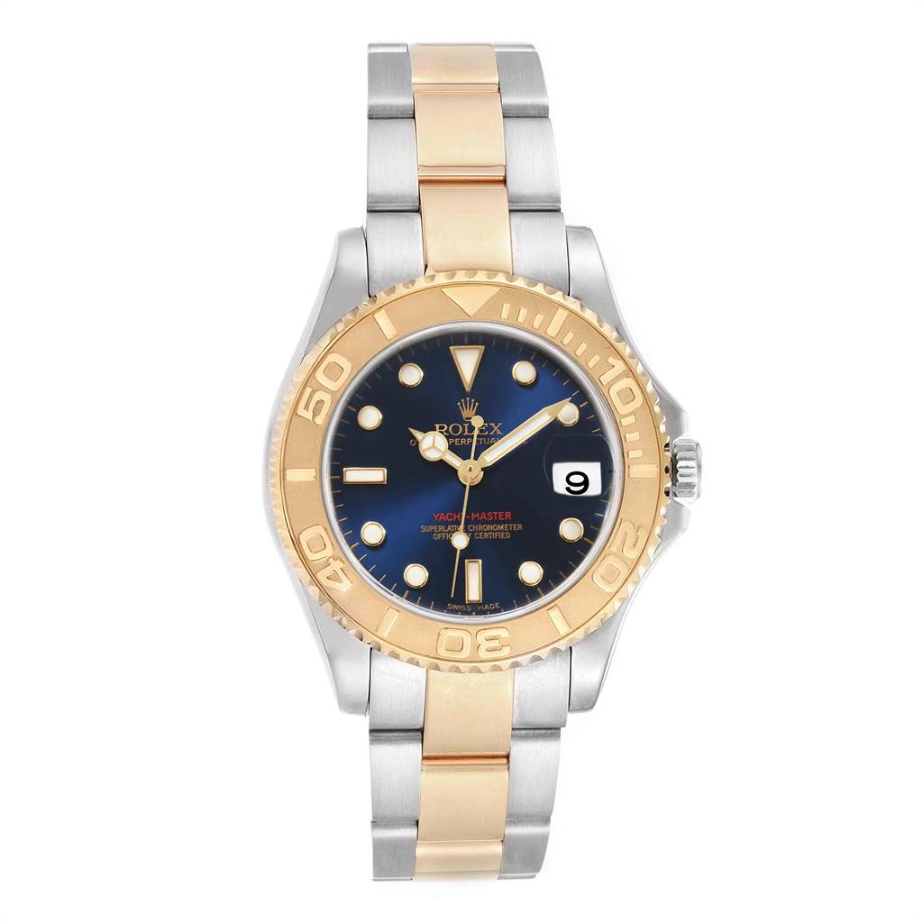 The image shows a front view of the Rolex Yacht-Master 168623 Men's Steel and Gold (two tone) Blue Dial 168623 Men's Steel and Gold (two tone) Blue Dial watch, highlighting the bezel, dial, hands, and bracelet.