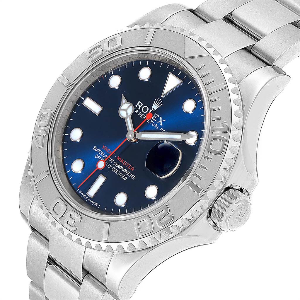 The image shows a close-up view of the Rolex Yacht-Master 116622 Men's Stainless Steel Blue Dial 116622 Men's Stainless Steel Blue Dial watch, highlighting its blue dial, bezel, and bracelet.