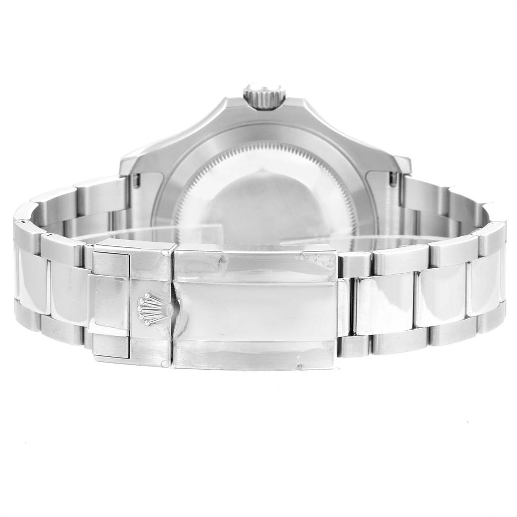 The image shows the back and clasp of a Rolex Yacht-Master 116622 Men's Stainless Steel Blue Dial 116622 Men's Stainless Steel Blue Dial watch with its metal bracelet fully extended.