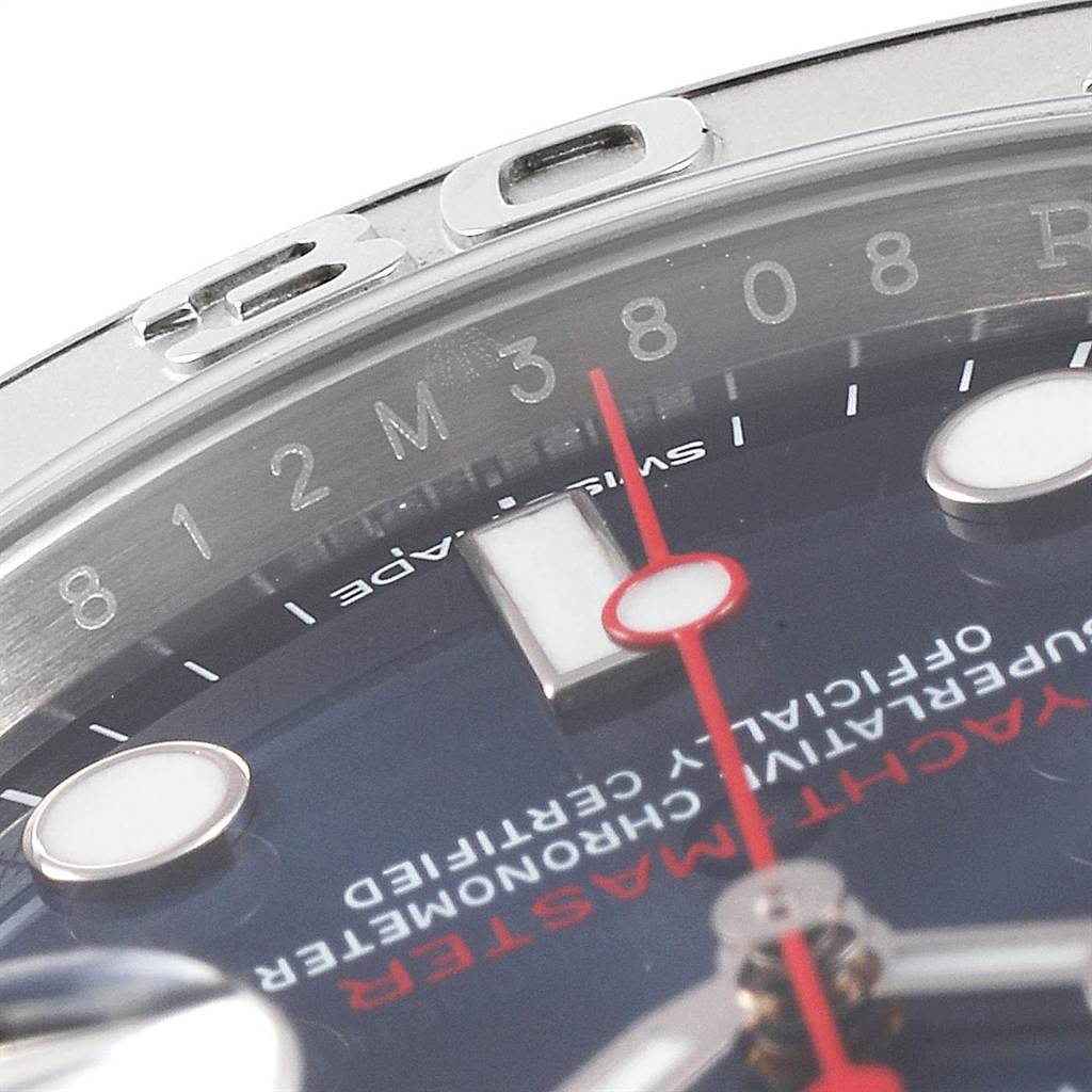 This close-up angle of the Rolex Yacht-Master 116622 Men's Stainless Steel Blue Dial 116622 Men's Stainless Steel Blue Dial watch reveals part of the bezel, dial, and markers.