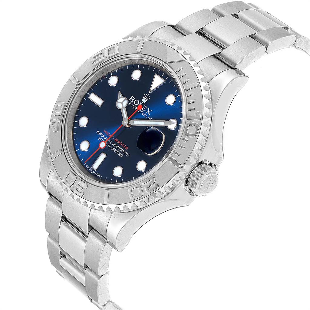 The image shows a Rolex Yacht-Master 116622 Men's Stainless Steel Blue Dial 116622 Men's Stainless Steel Blue Dial watch angled to display the face, bezel, crown, and bracelet.