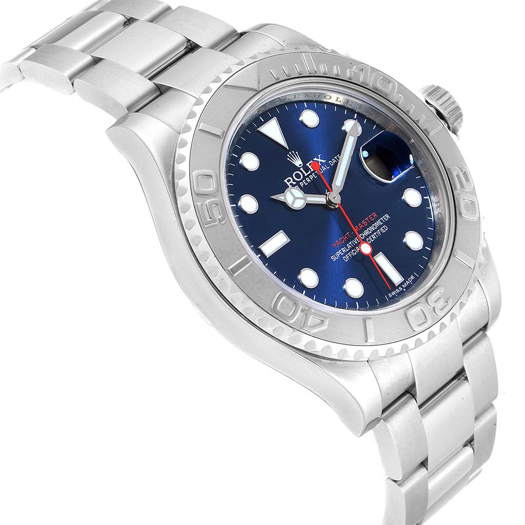 This image shows a Rolex Yacht-Master 116622 Men's Stainless Steel Blue Dial 116622 Men's Stainless Steel Blue Dial watch at a slight side angle, highlighting the watch face, bezel, crown, and bracelet.