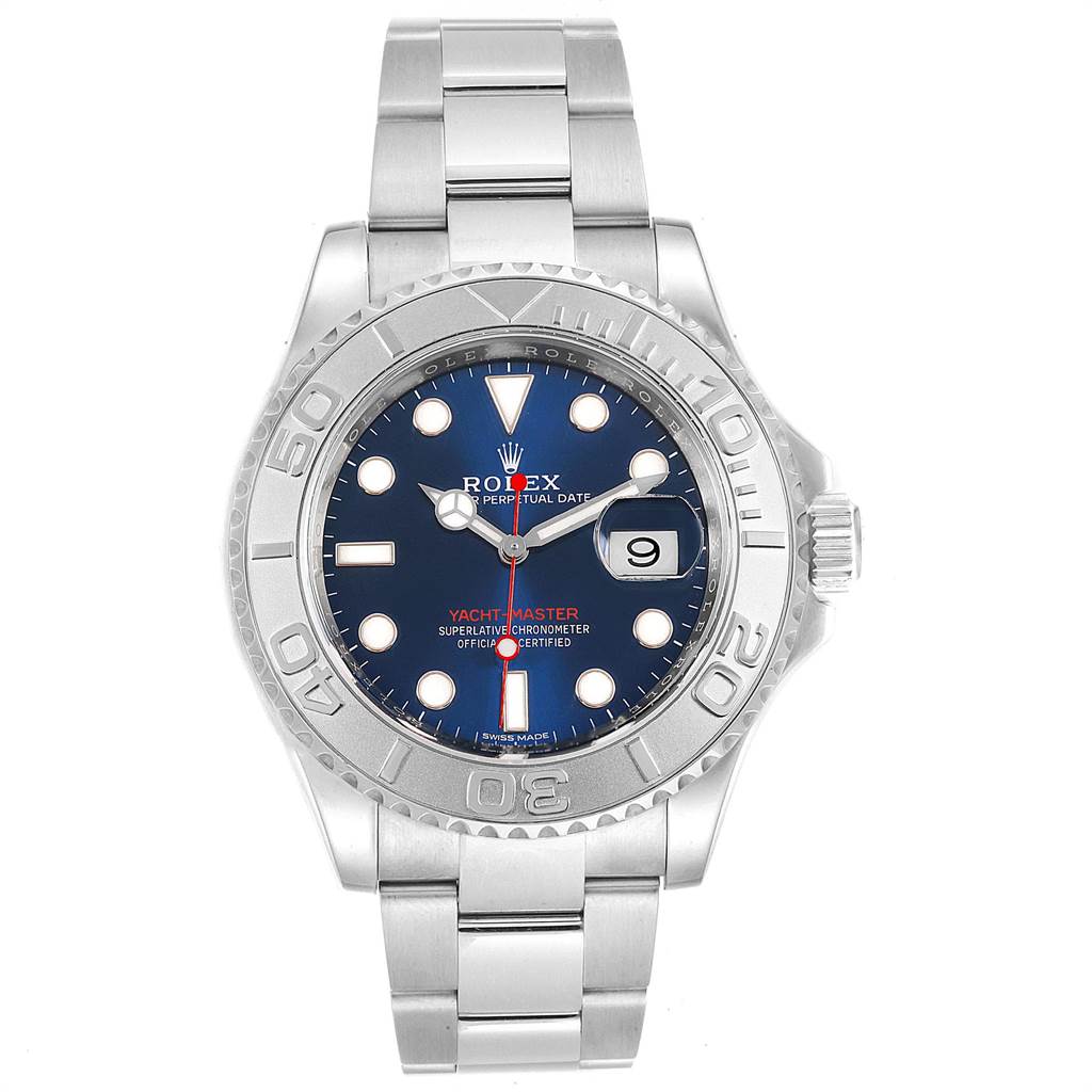 The image shows a front view of the Rolex Yacht-Master 116622 Men's Stainless Steel Blue Dial 116622 Men's Stainless Steel Blue Dial watch, highlighting its bezel, dial, bracelet, and crown.
