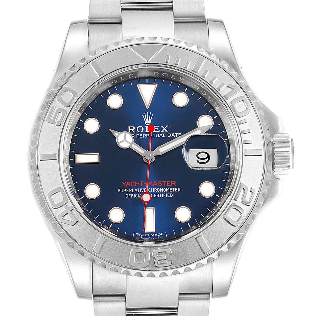 The image shows a front view of the Rolex Yacht-Master 116622 Men's Stainless Steel Blue Dial 116622 Men's Stainless Steel Blue Dial watch, highlighting its bezel, dial, hands, date, and bracelet.