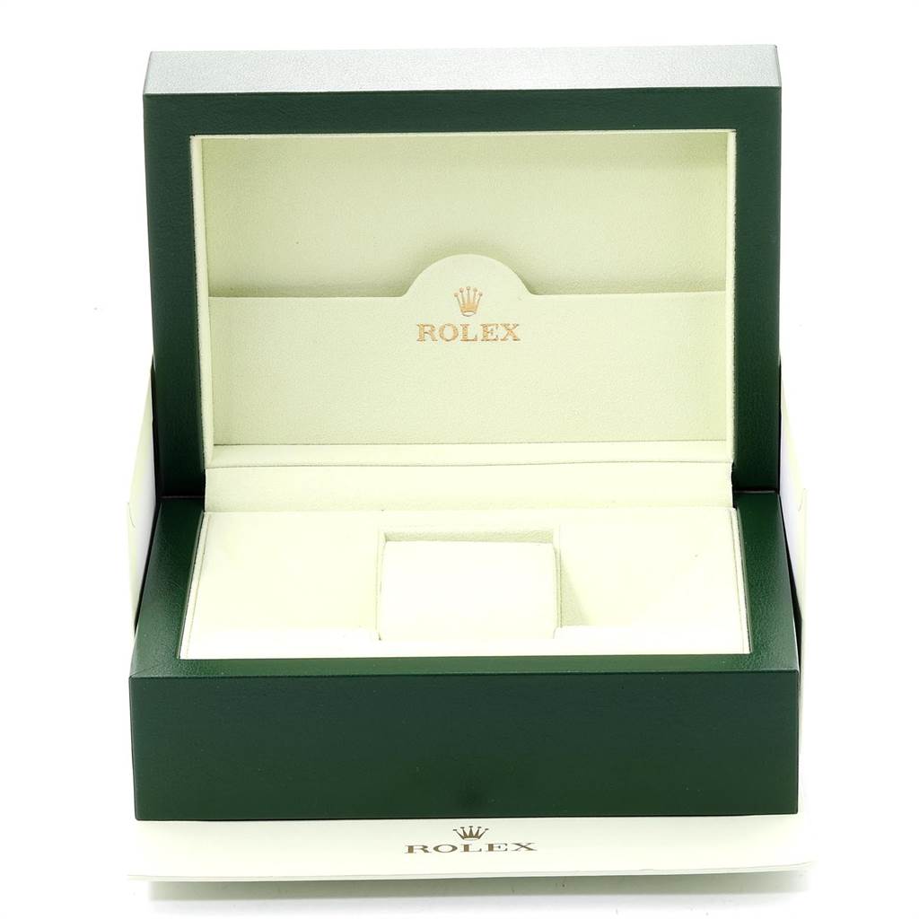 This image shows an open Rolex Yacht-Master 16622 Men's Stainless Steel Silver Dial 16622 Men's Stainless Steel Silver Dial watch box angled from the front, featuring the Rolex logo inside.