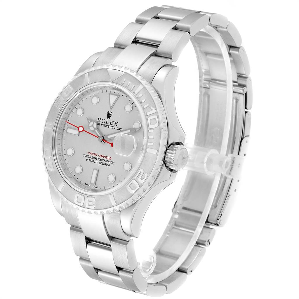 This image shows a side profile and partial front view of a Rolex Yacht-Master 16622 Men's Stainless Steel Silver Dial 16622 Men's Stainless Steel Silver Dial watch, displaying its dial and bracelet.