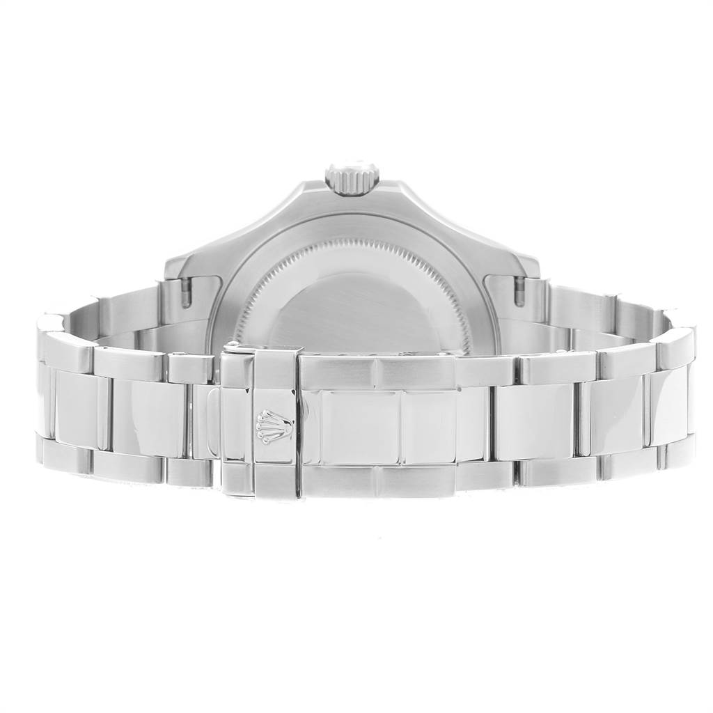 The image shows the back view of a Rolex Yacht-Master 16622 Men's Stainless Steel Silver Dial 16622 Men's Stainless Steel Silver Dial watch, focusing on its bracelet and clasp.