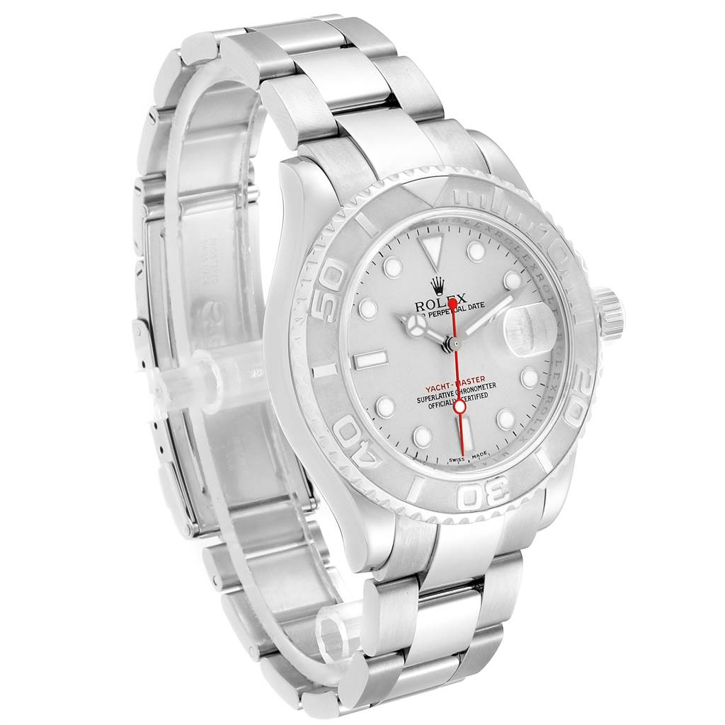 The image shows a Rolex Yacht-Master 16622 Men's Stainless Steel Silver Dial 16622 Men's Stainless Steel Silver Dial watch from an angled side view, highlighting its bezel, dial, and stainless steel bracelet.