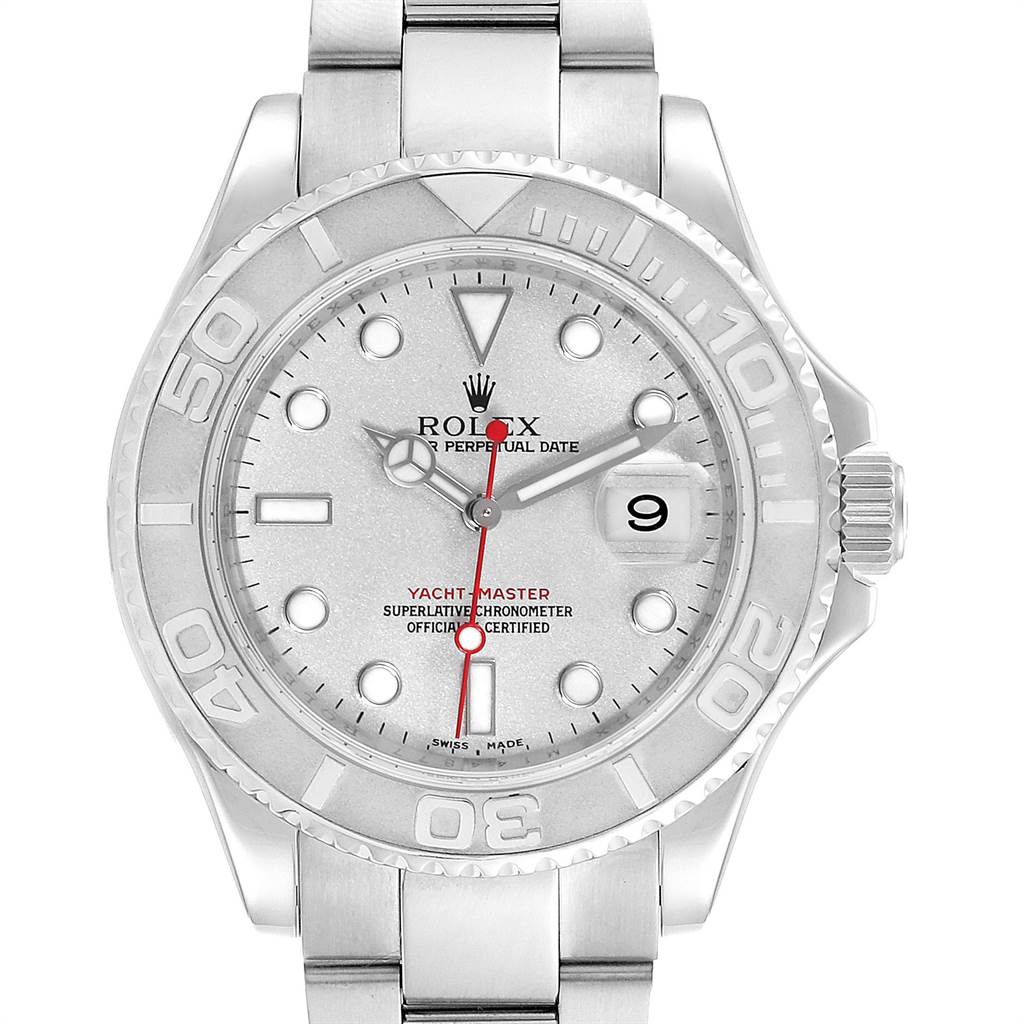 The image shows a frontal view of the Rolex Yacht-Master 16622 Men's Stainless Steel Silver Dial 16622 Men's Stainless Steel Silver Dial watch, highlighting the face, bezel, and bracelet.