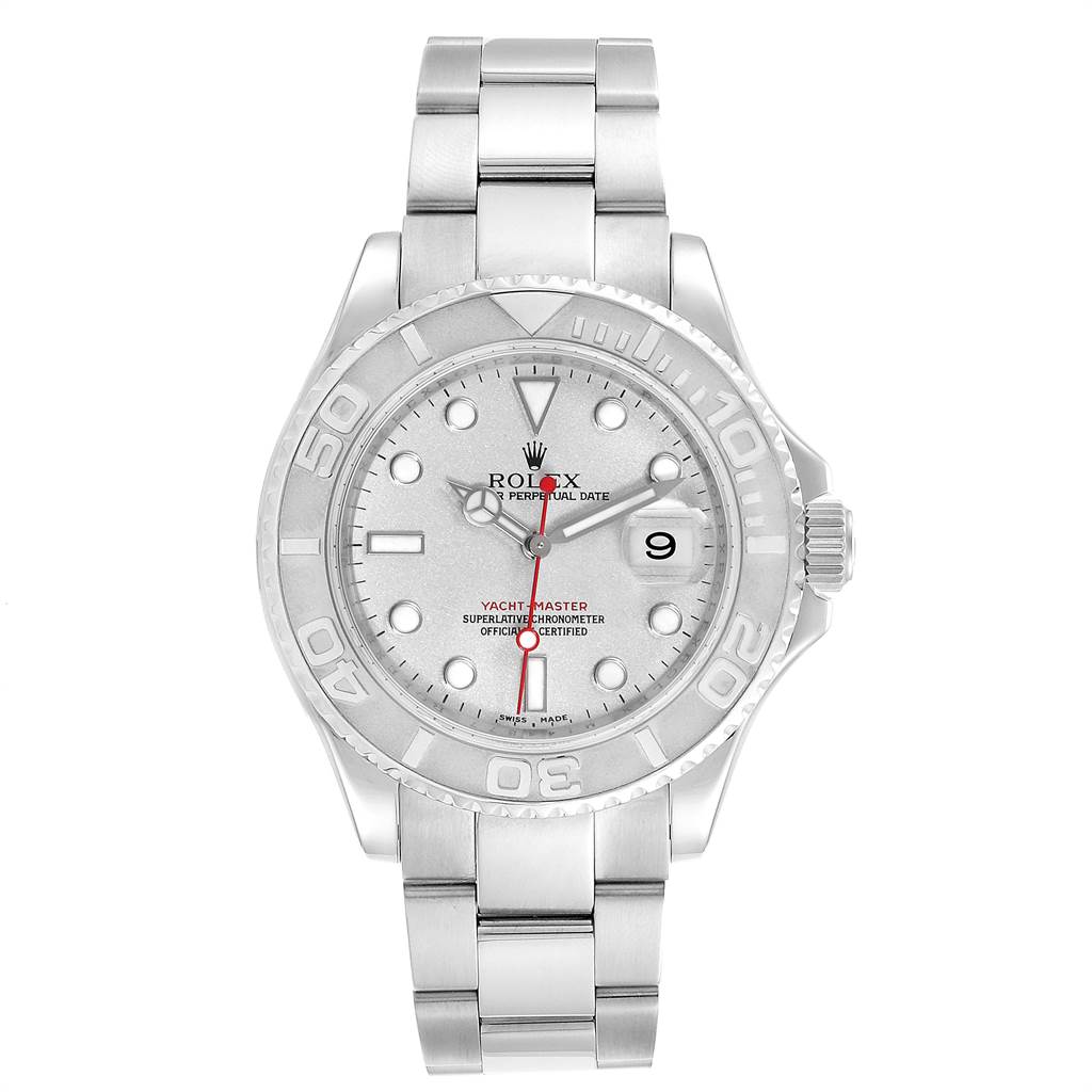 The image shows a front view of the Rolex Yacht-Master 16622 Men's Stainless Steel Silver Dial 16622 Men's Stainless Steel Silver Dial watch, highlighting its dial, bezel, and bracelet.