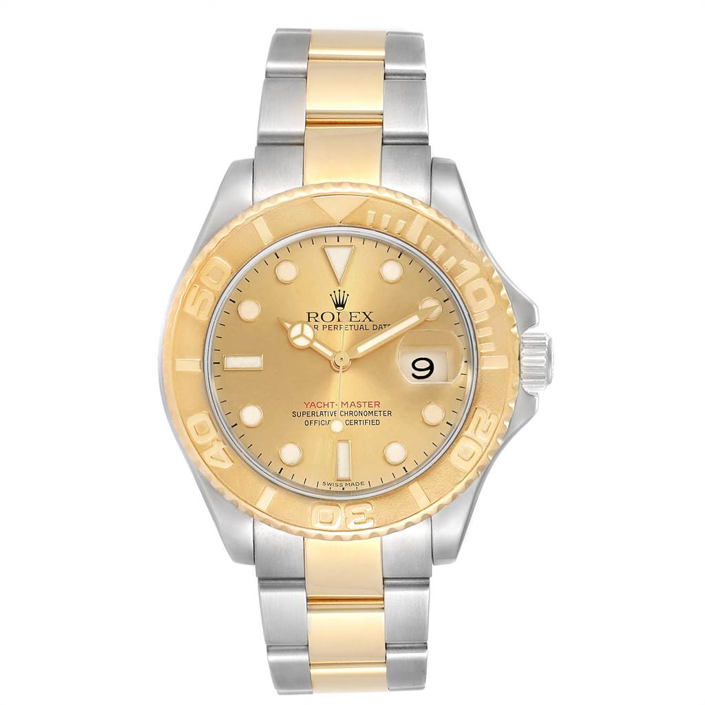 The image shows a front view of the Rolex Yacht-Master 16623 Men's Stainless Steel Champagne Dial 16623 Men's Stainless Steel Champagne Dial watch, displaying its dial, bezel, and bracelet.